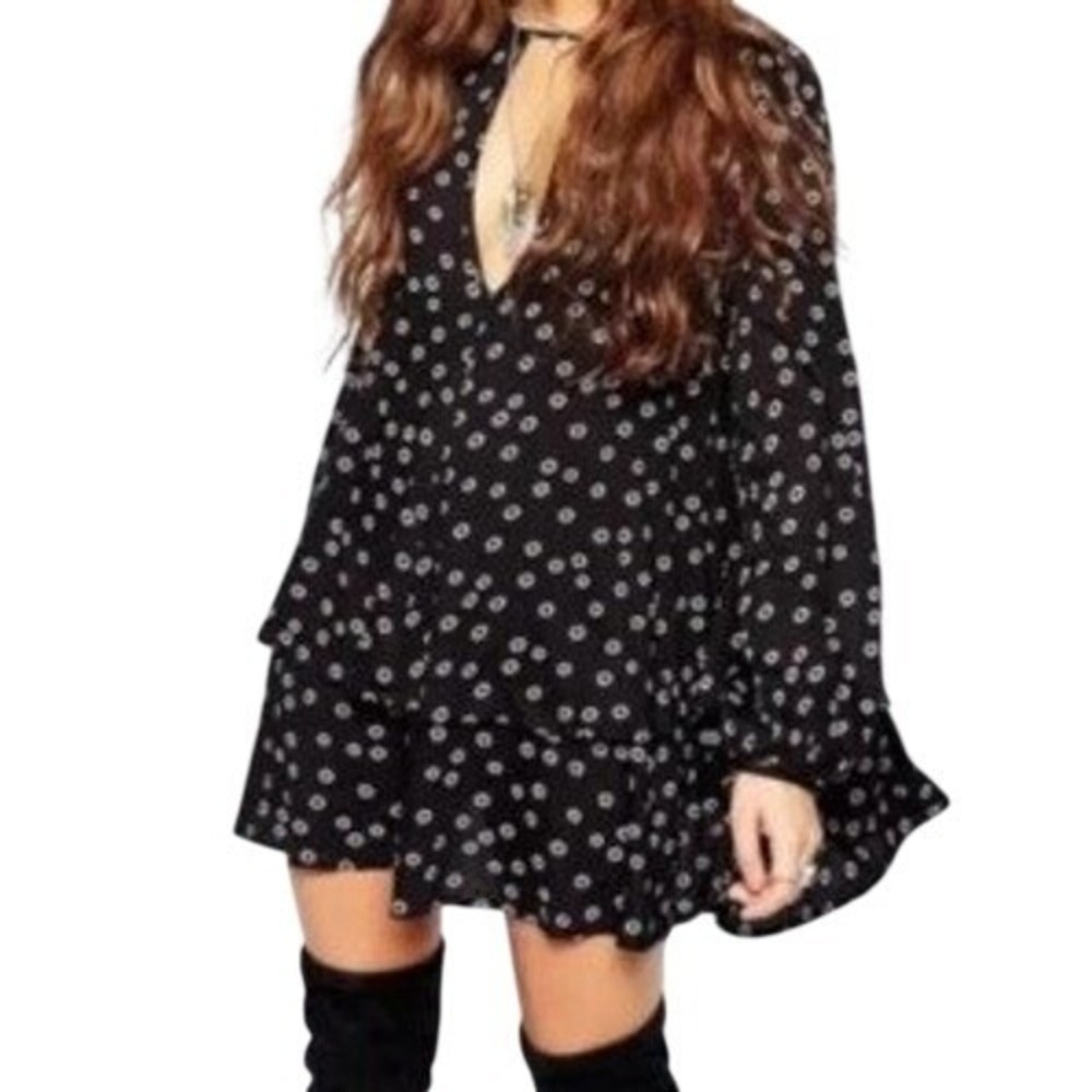 FREE PEOPLE Beck‎ Black Floral Keyhole Long Sleeve Tiered Mini Dress EUC Small